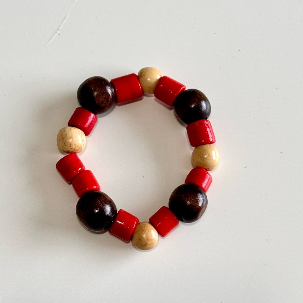 VINTAGE Boho Red & Brown Bead Wooden Beaded Bracelet - Wood Beads